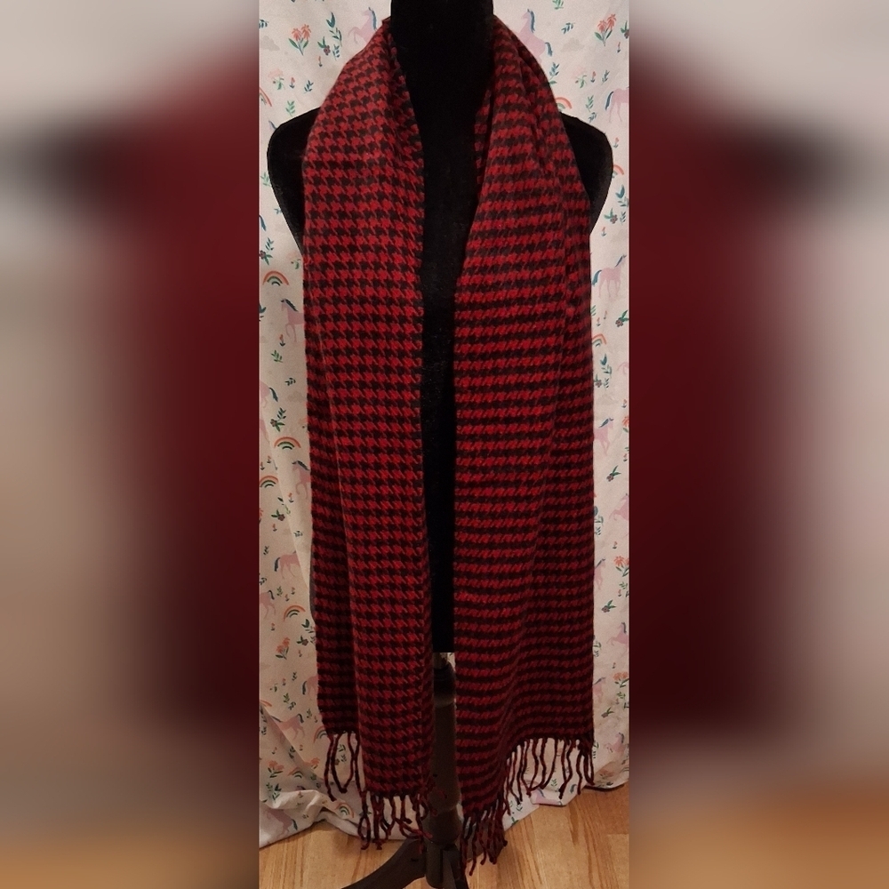 EUC Vintage Coach Red & Black Houndstooth Cashmere & Wool Casual Winter Scarf - Picture 2 of 7